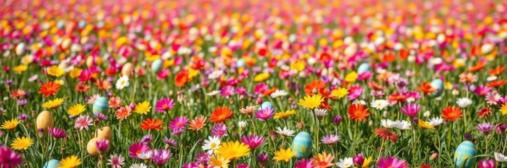 Fototapeta premium A beautiful field of colorful flowers with a row of easter eggs in the middle, perfect for spring and Easter themed designs, celebration, seasonal