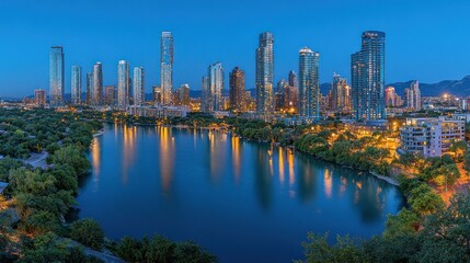 Fototapeta premium City skyline at dusk reflected in a lake with trees in the foreground.