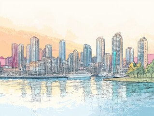 Fototapeta premium Hand_drawn_illustration._Color_panorama_of_the_Vancouver_City_Cityline_2