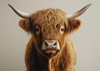 A close-up portrait of a Highland cow with its thick, reddish-brown fur and large horns. The cow stares directly at the camera with a soft expression.