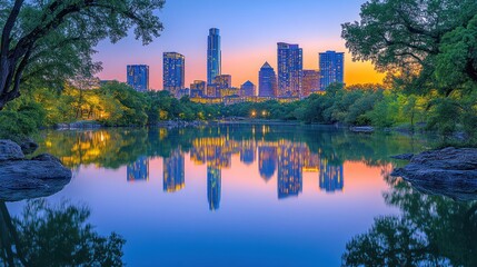 Naklejka premium City skyline reflected in a calm lake at dusk.