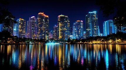 Fototapeta premium Cityscape at night with colorful lights reflected in water.