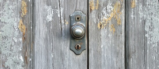 Fototapeta premium Close up of a weathered wooden door slightly ajar with a sleek silver handle inviting curiosity and exploration