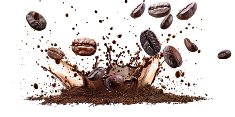 Coffee beans and powder bursting in mid-air with dynamic motion, food and beverage themes. Cut out or PNG.
