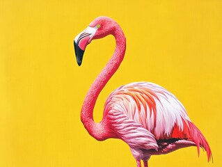 Pink flamingo illustrated against a bright yellow background