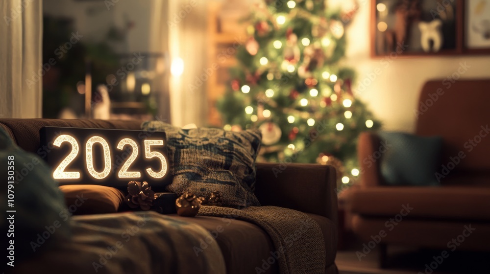 Poster A glowing sign with the number 2025 on it sits on a brown couch in front of a Christmas tree. There are pillows and a blanket on the couch. The Christmas tree is decorated with lights and ornaments.