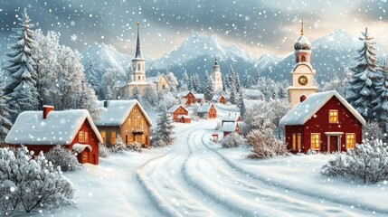 Fototapeta premium Serene winter village scene with snow-covered rooftops and mountains in background