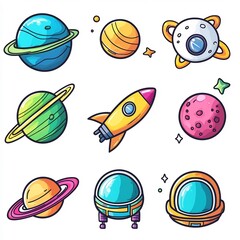 Vibrant Cartoon Space Icons Capturing the Wonder of Outer Space Adventure