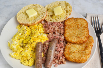 scramble eggs with corn beef hash and  hash browns