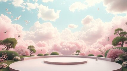 A serene pink cloud filled sky with a pink circular stage in the center, creating a dreamy and whimsical atmosphere, surreal, ethereal