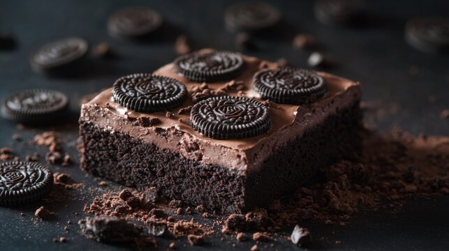 A rich chocolate brownie is layered with creamy frosting and adorned with Oreo cookies, creating an indulgent treat. The dark background accentuates the deliciousness of this dessert.
