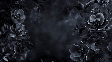 Dark romantic mystique abounds in this dramatic black floral background featuring intricate blooms and swirling foliage on a mysterious, inky black velvet canvas. Mystique. Illustration