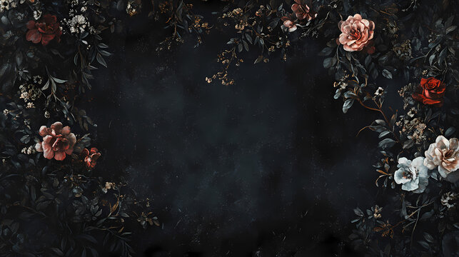 Dark romantic mystique abounds in this dramatic black floral background featuring intricate blooms and swirling foliage on a mysterious, inky black velvet canvas. Mystique. Illustration