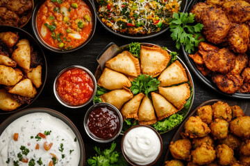 A Close-Up Of A Platter Of Homemade Samosas And Pakoras, Served With Various Chutneys, Surrounded By Muslim Family Members Enjoying Their Appetizers Together