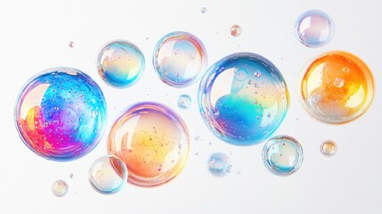 multiple soap bubbles, softly floating, rainbow sheen with high clarity, minimalist composition, isolated on white background 