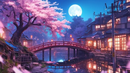 Obraz premium Anime. Night city anime fantasy against the background of the center of the old and new city. Fantasy Japanese night cityscape view, neon pink light, residential buildings, large sakura tree.