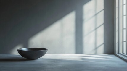 Minimalistic Interior Scene. Dark Spacious Room with Zen Decor and Abstract Bowl. Product Presentation Banner