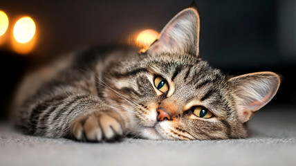 The cat looks at the viewer. A color photo. Black and white photo.