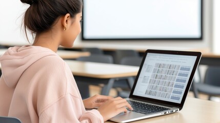 Woman is sitting at a desk with a laptop open in front of her. She is smiling and she is enjoying her work. The laptop is displaying a calendar
