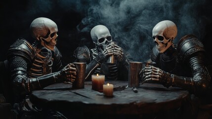 Naklejka premium Skeleton friends sitting together by table chatting drinking.