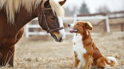 Playful red border collie interacting with a horse