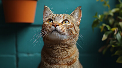 A red cat on a turquoise background.