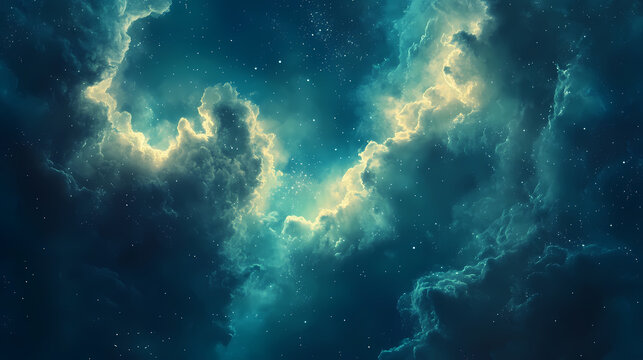 Dramatic clouds cast a luminous glow across the horizon, evoking a cosmic aura and mystique in this captivating skyscape ideal for fantasy and cosmic themes. Mystique. Illustration