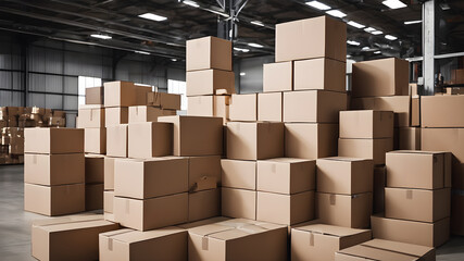 Cardboard boxes in the warehouse, logistic center. Warehouse filled with cardboard. cardboard boxes, Huge pile of cardboard boxes. AI generated image, ai.