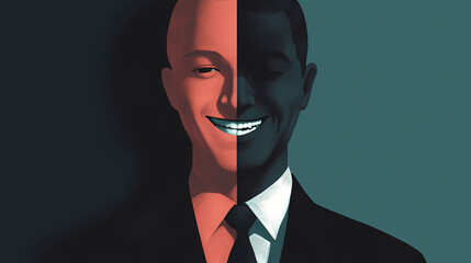 Duality of success: the reassuring smile of a manager with a dark shadow. generative ai. Mystique. Illustration