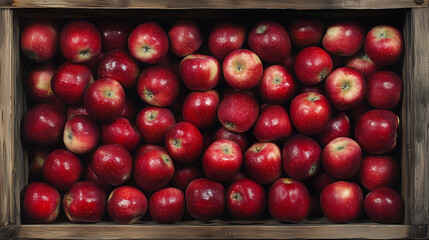 Skrzynka pełna dojrzałych, czerwonych jabłek, ułożonych w elegancki, uporządkowany wz&oacute;r.