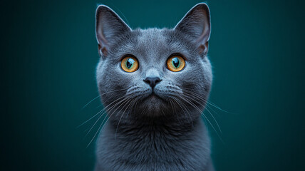 A grey cat on a turquoise background.