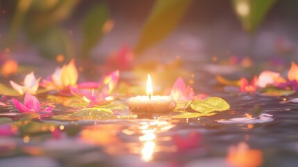 Serene Loy Krathong Candlelight: Candle Flickering on Krathong with Vibrant Petals and Leaves in Close-Up Detail