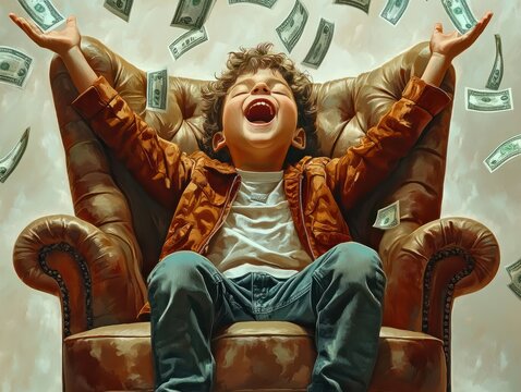 Happy and shoutting rich kid boy millionaire sits with a bundle of money dollars cash in big luxury armchair while bills falling