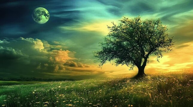 A single tree standing on open grassland beneath a glowing vibrant sky
Seamless looping 4k time-lapse virtual video animation Generated AI