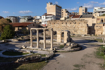 Obraz premium Hadrian Library, remains of Roman Emperor Hadrian building in antique times, Athens, Greece