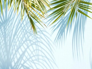 Obraz premium Abstract light blue background with a palm shadow on the wall, perfect for showcasing summer products, concept, wall