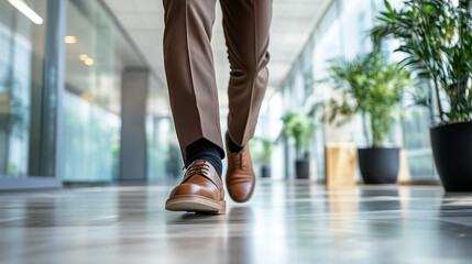 Stopy mężczyzny w eleganckim brązowym garniturze poruszają się po korytarzu biurowym w pośpiechu, zmierzając na spotkanie. 