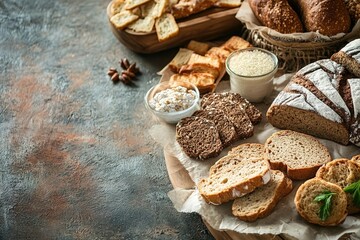 Fototapeta premium Rustic bread assortment on textured backdrop