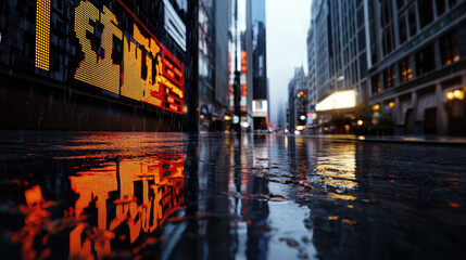 A rainy city street reflects vibrant neon lights, creating a moody atmosphere characterized by a blend of urban and natural elements.