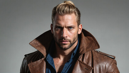 Obraz premium A man with a beard and brown leather jacket stares intensely at the camera, his hair styled in a top knot