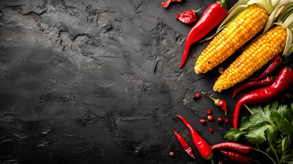 Kukurydza i czerwone papryki leżą na rustykalnym, czarnym kamieniu, tworząc kolorowy i apetyczny kontrast.