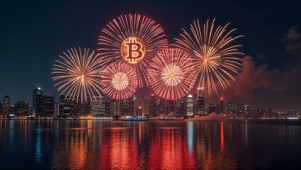 Fototapeta premium Bitcoin fireworks illuminate city skyline: cryptocurrency celebration over urban nightscape