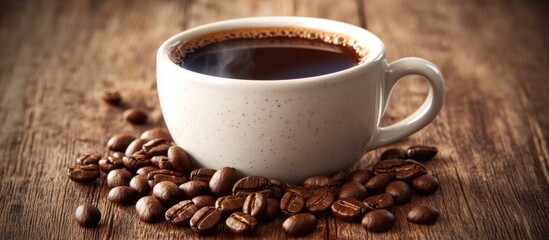Close up of a coffee cup filled with fragrant roasted coffee beans on a rustic wooden surface enhancing coffee culture and brewing craftsmanship