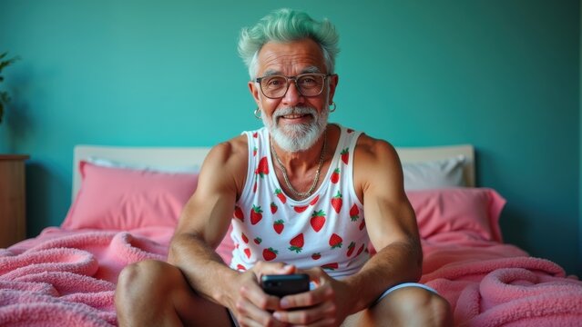 The older man smiles warmly as he interacts with his smartphone, seated comfortably on a pink bed in a cozy bedroom featuring calming blue walls