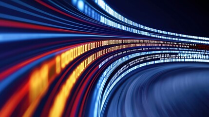 Series of numbers are displayed in a line, with some of them being red and others being blue. Concept of motion and progression, as the numbers appear to be moving along a line