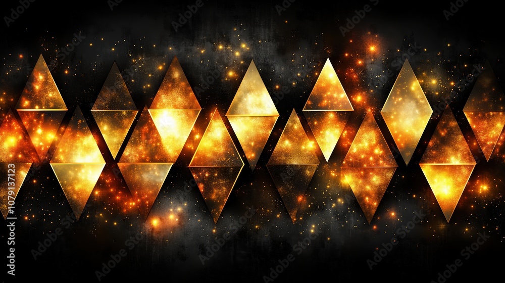 Aufkleber Series of gold and black triangles with a lot of sparkles. The triangles are arranged in a way that creates a sense of movement and energy. Scene is dynamic and exciting