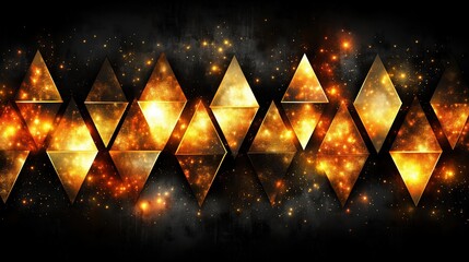 Series of gold and black triangles with a lot of sparkles. The triangles are arranged in a way that creates a sense of movement and energy. Scene is dynamic and exciting