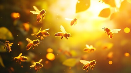 Cute swarm of bees working at bee honeycomb background