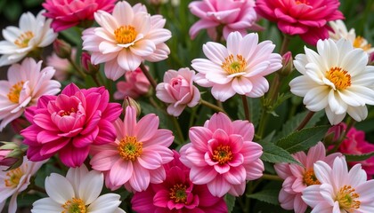 Fototapeta premium Colorful dahlia flowers in full bloom against green leaves background