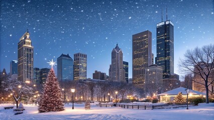 Fototapeta premium Snowy City Park with Christmas Lights and Skyscrapers in the Background